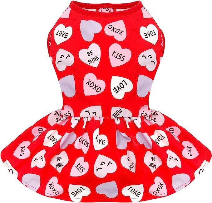 cyeollo Dog Dress for Small Dogs Valentines Day Holiday Theme Outfit XXOO Pet Clothes Heart Pattern Chiffon Skirt Girl Dog Dresses Female