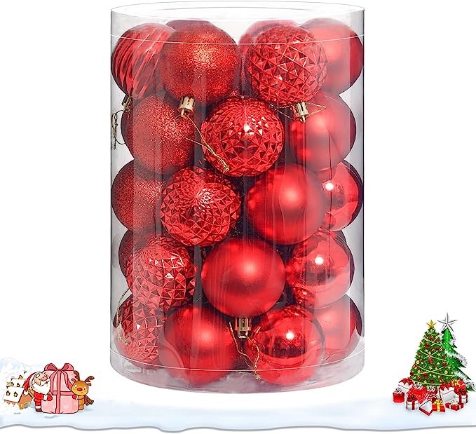 Brizled Red Christmas Balls, 34pcs 2.36" Christmas Tree Ball Ornaments, Plastic Christmas Balls Decorative Christmas Bauble Set Hanging Xmas Tree Ornament for Christmas Tree Wreath Garland Party Decor