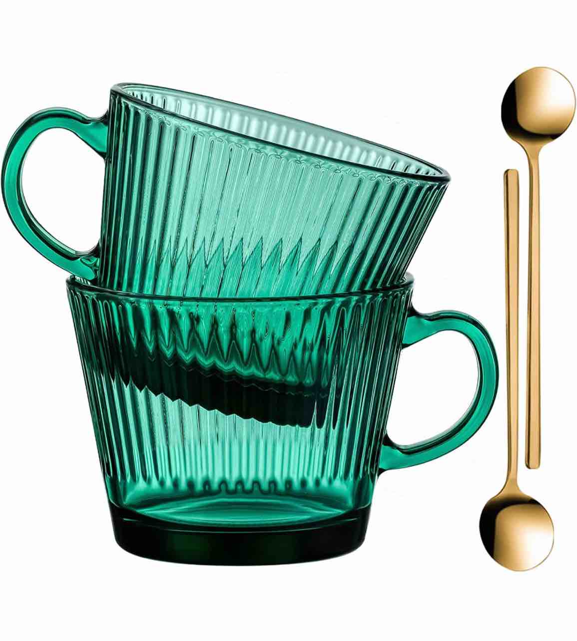 Glass Coffee Mugs, 14 Oz Set of 2 Vertical Stripes Green Glass Cups Stackable Coffee Cups, Tea Cups, 