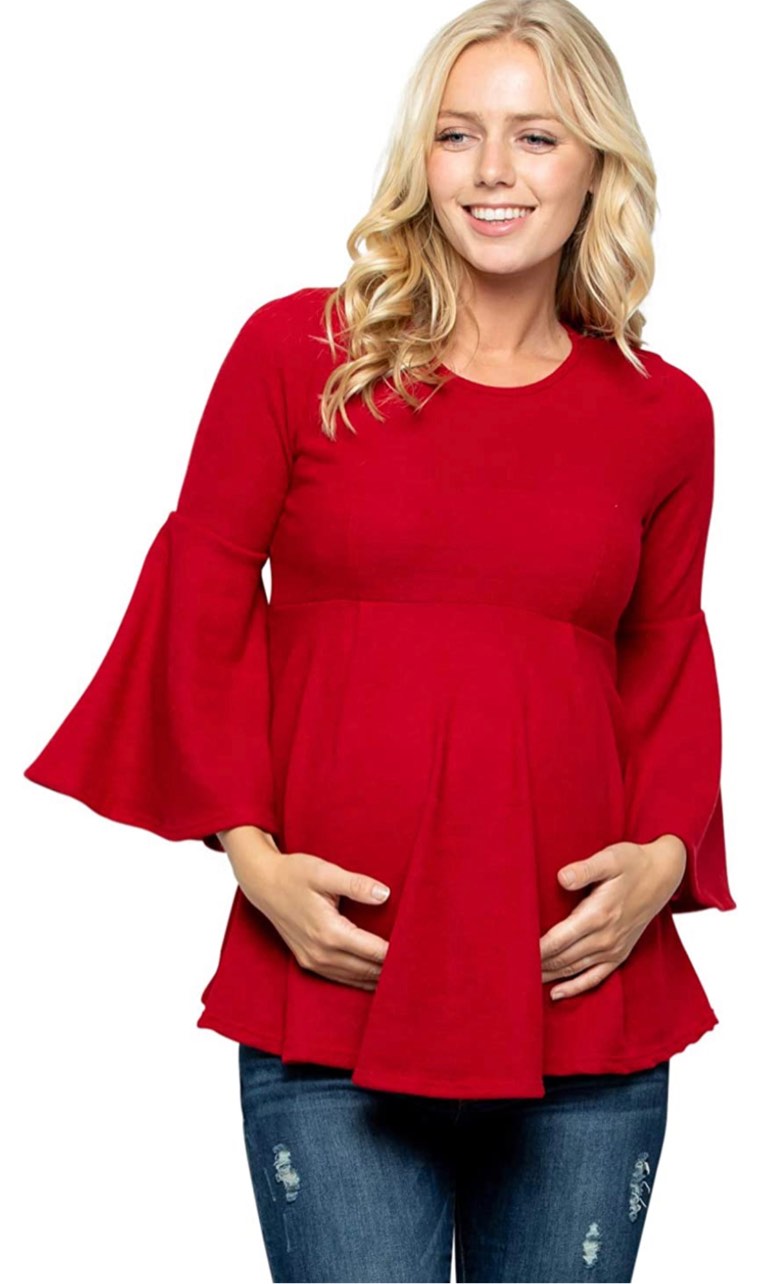 My Bump Bell Sleeve Maternity Pleated Top - Bell Sleeve Casual Round Neck Peplum Top