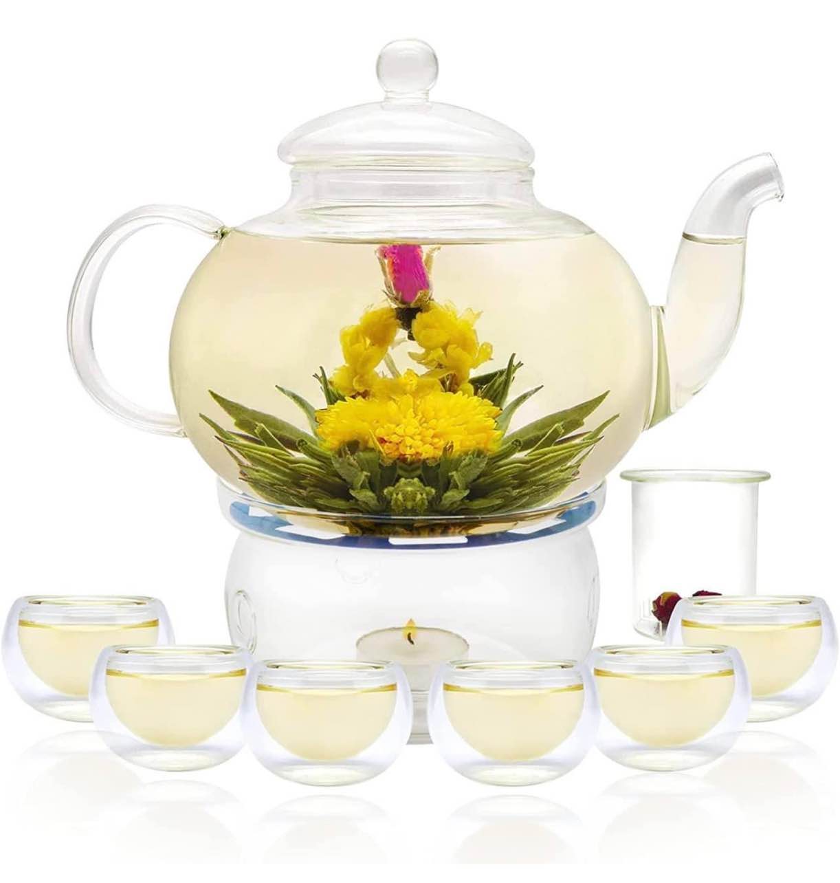 Glass Teapot Set, 27OZ/800ML Stovetop Safe Glass Tea Kettle with 6 Small Double Wall Tea Cups & Loose Tea Infuser & Tea Warmer, Microwave & Dishwasher Safe