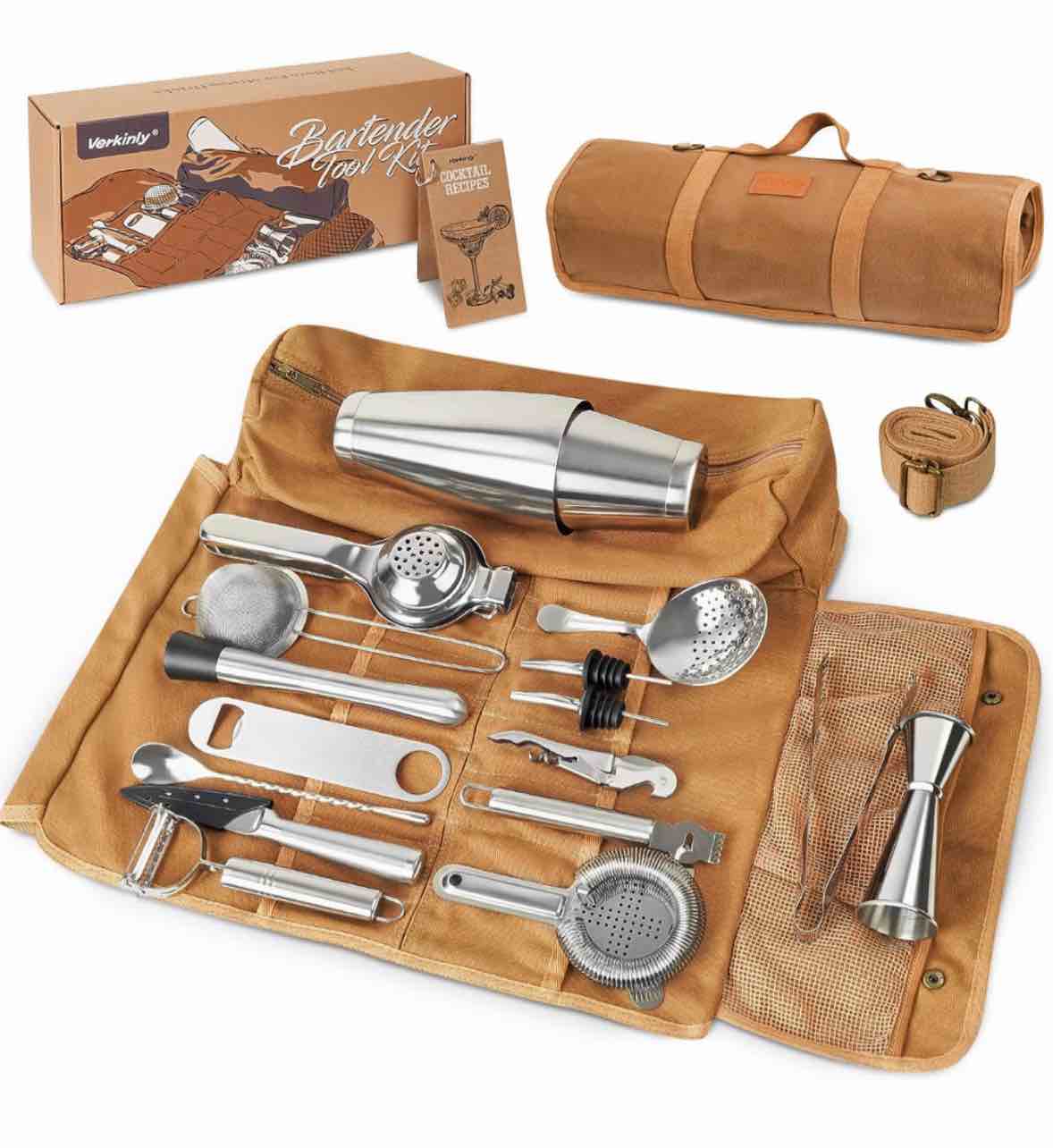 Verkinly Professional Travel Bartender Kit Bag-21 Pieces Bar Tool Set with Shoulder Strap for Easy Carry & Storage, Portable Travel Bar Set for Home Cocktail Making, Parties, Outdoor Camping, Work