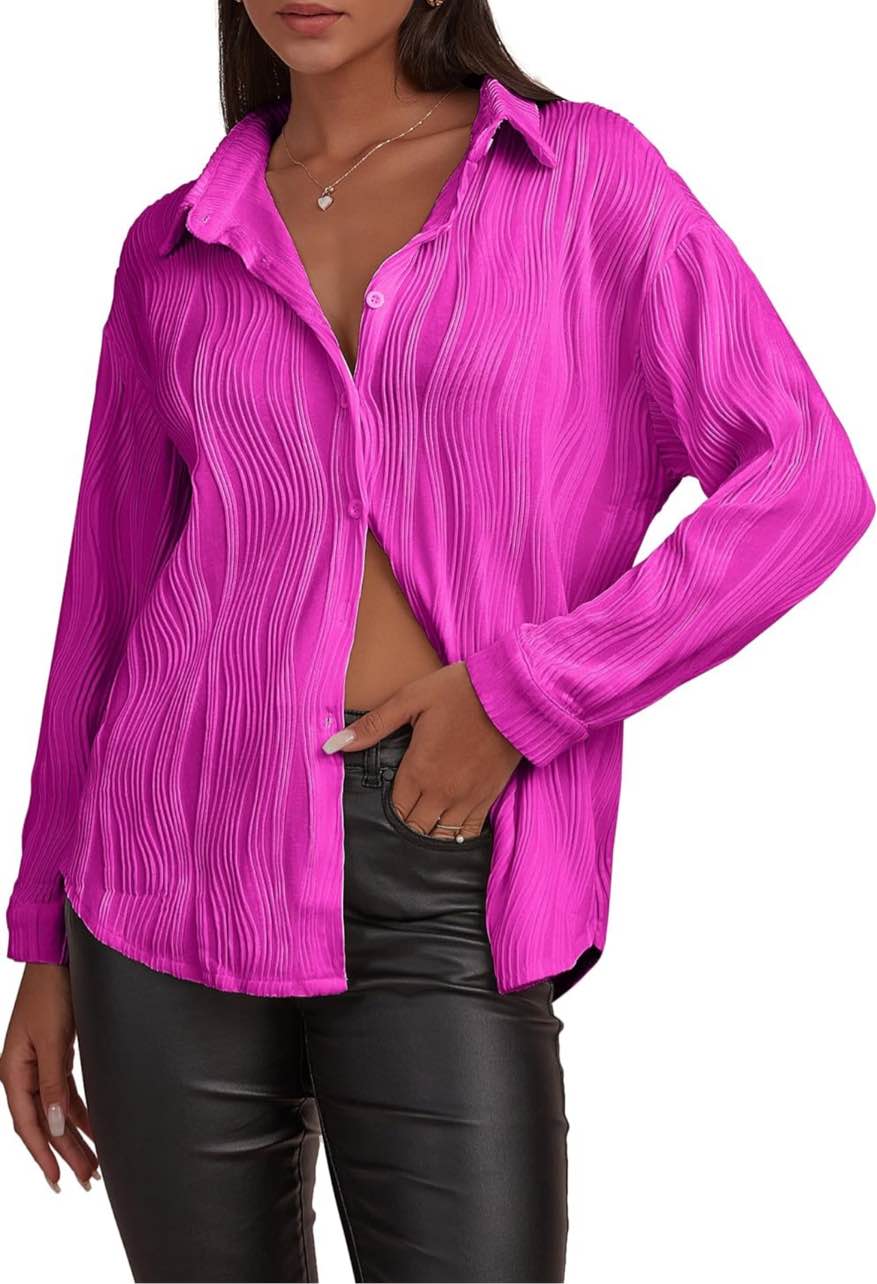 Womens Textured Button Down Long Sleeve Shirt Casual Work Office Blouse Top