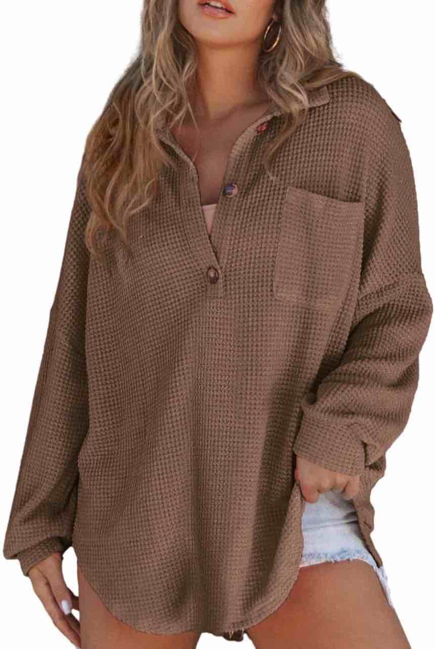 Astylish Women Waffle Knit Top Henley Shirts Long Sleeve V Neck Solid Color Casual Tunics