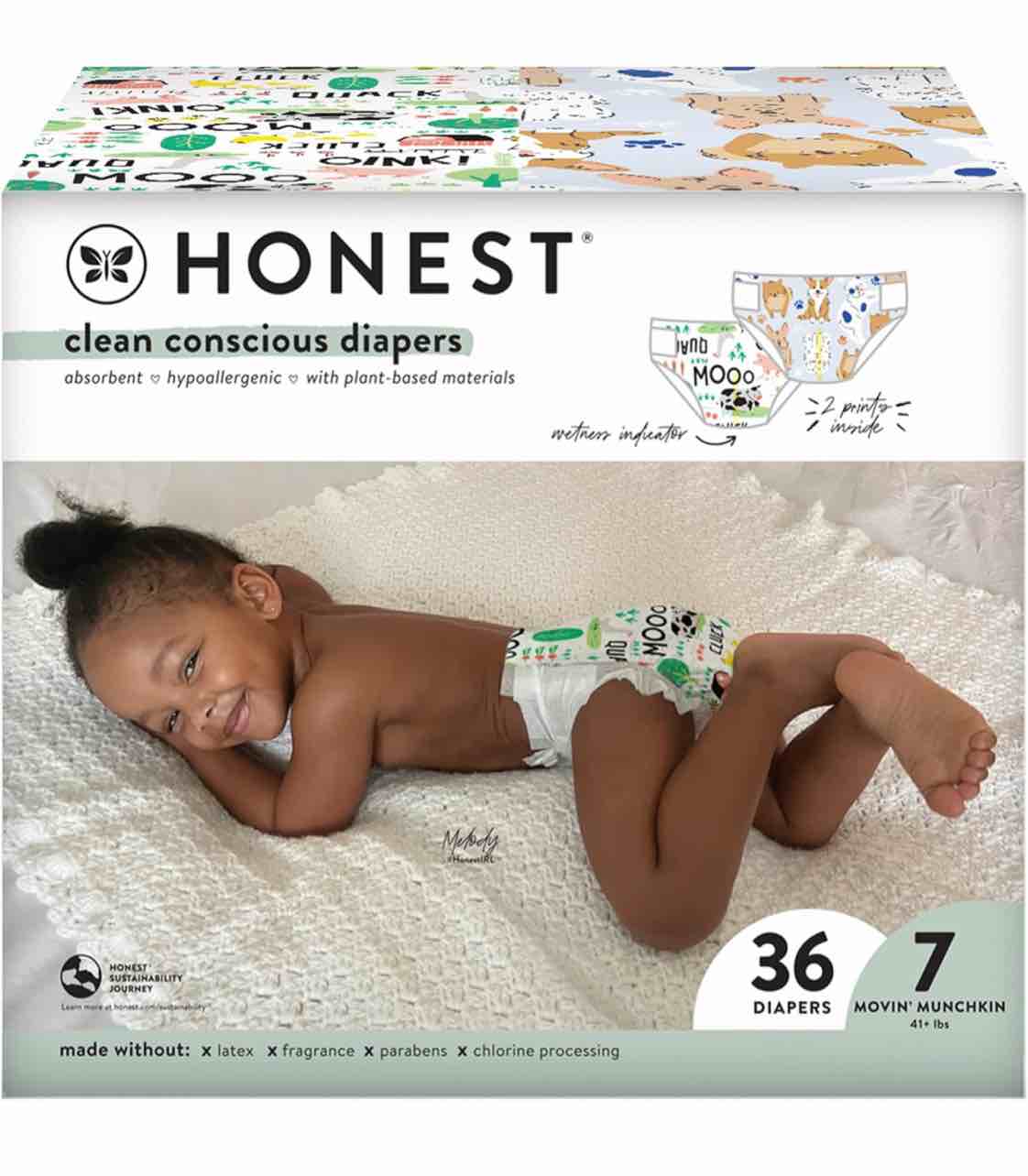 The Honest Company Clean Conscious Diapers | Plant-Based, Sustainable | Barnyard Babies + It?s A Pawty | Club Box, Size 7 (41+ lbs), 36 Count