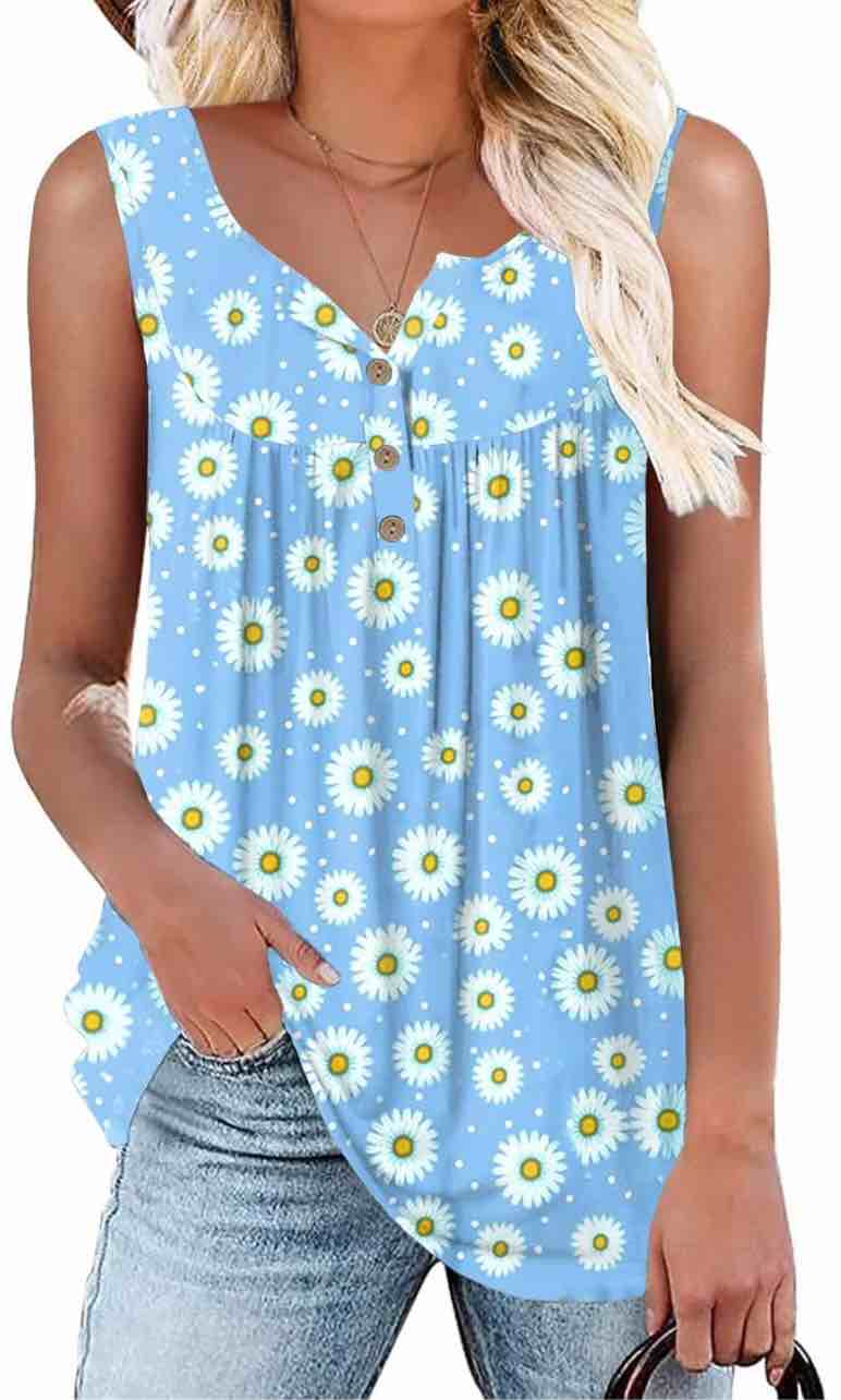 Womens Tank Tops Summer Sleeveless Henley Shirts Flowy Pleated V-Neck Tunics Tee