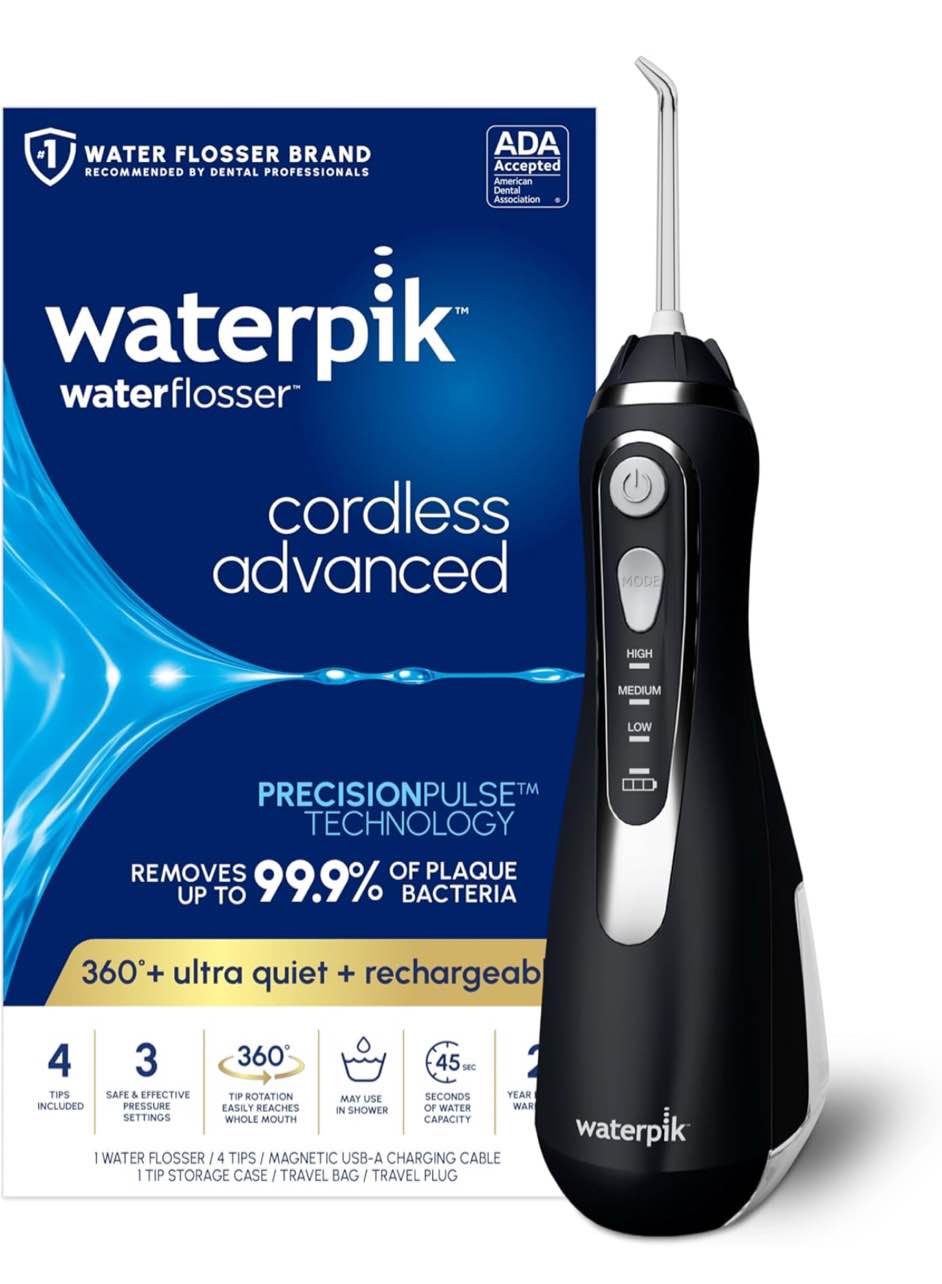 Waterpik Cordless Advanced Water Flosser For Teeth, Gums, Braces, Dental Care With Travel Bag and 4 Tips, ADA Accepted, Rechargeable, Portable, and Waterproof, Blue WP-583