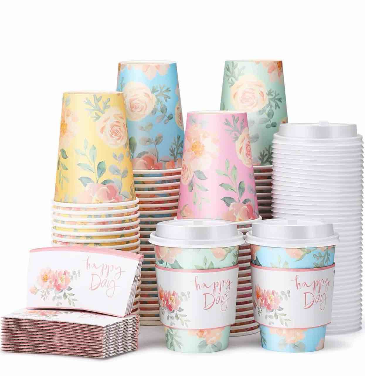 100 Pcs 12oz Floral Disposable Coffee Cups with 100 Lids