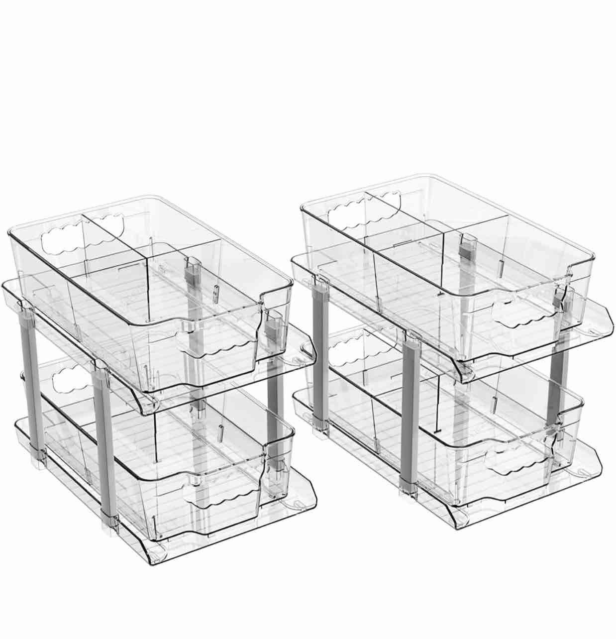 Delamu 2 Sets of 2-Tier Clear Under Sink Organizers and Storage, Multi-Purpose Stackable Bathroom Cabinet organizers, Pull Out Kitchen Pantry Organization and Storage with Dividers