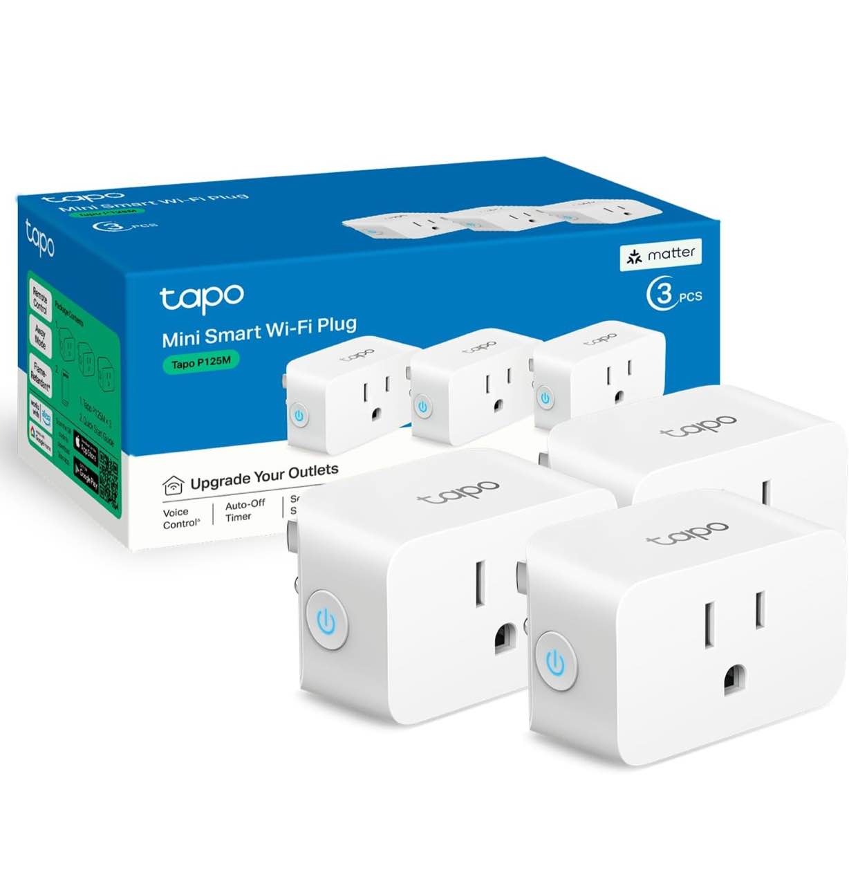 TP-Link Tapo Matter Supported Smart Plug Mini, Compact Design, 15A/1800W Max, Super Easy Setup, Works with Apple Home, Alexa & Google Home, UL Certified, 2.4G Wi-Fi Only, White, Tapo P125M(3-Pack)