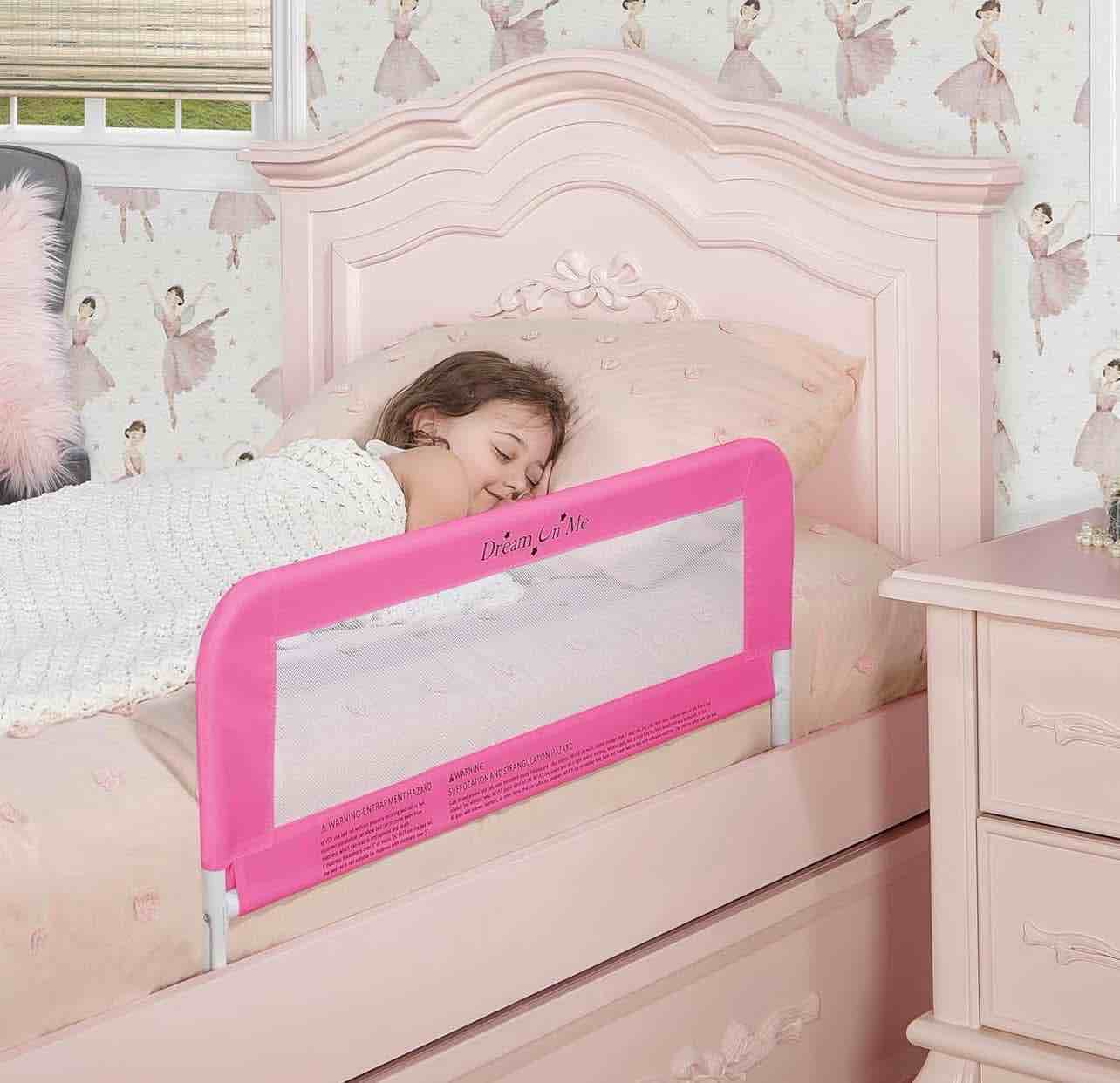 Dream On Me Lightweight Mesh Security Adjustable Bed Rail for Toddler with Breathable Mesh Fabric in Blush Pink