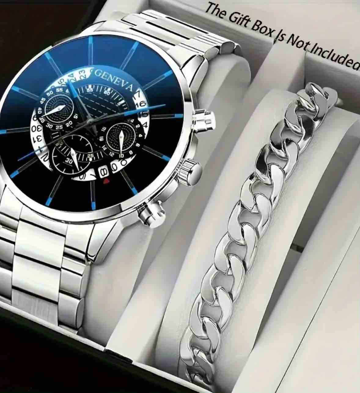 2pcs/set Exquisite Men's Stainless Steel Watch And Bracelet 
