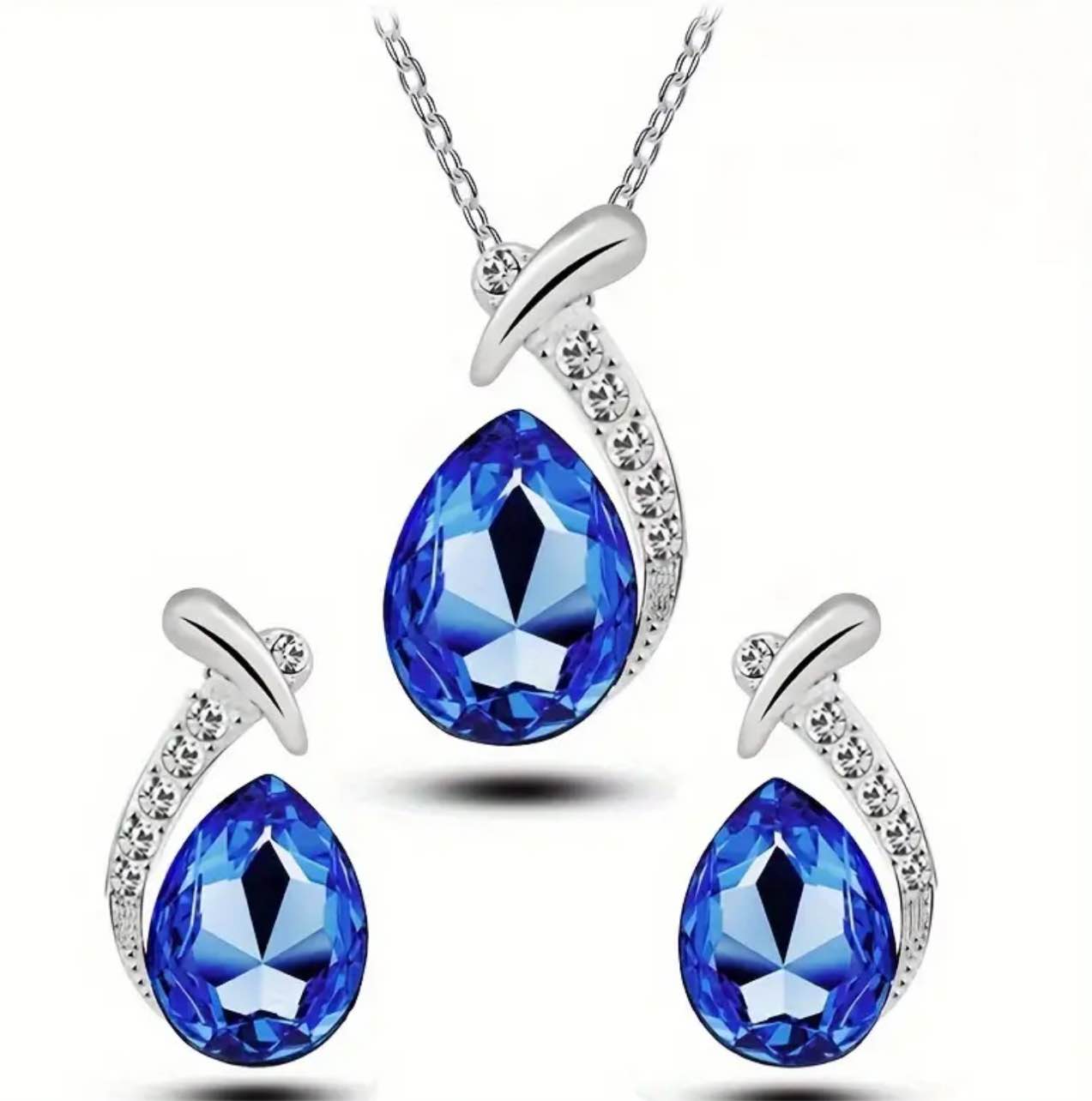 Beautiful 925 Silver Plated Blue Sapphire Necklace And Earrings Set