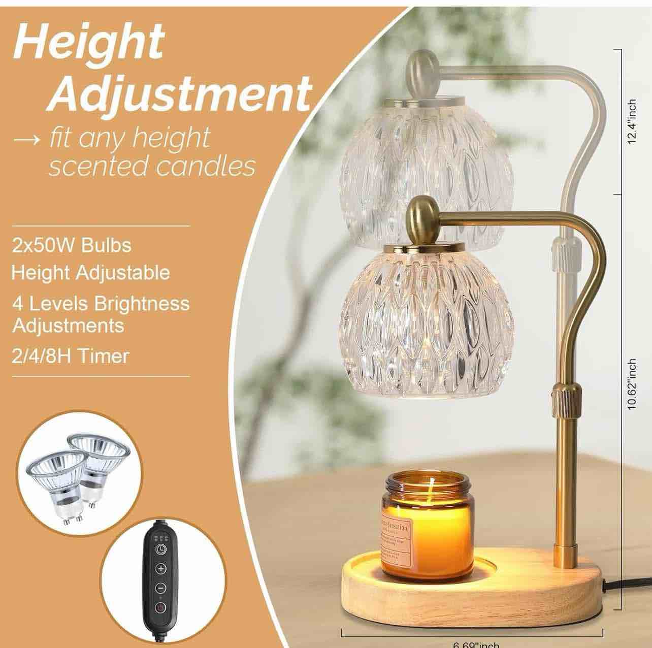 Candle Warmer Lamp, Vintage Glass Electric Dimmable Candle Warmer Lamp with Timer and Adjustable Height/Heat, 2-8h Timer, Candle Warmer Lamp for Bedroom, Scented Candles Warmer Gold