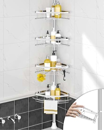 SEIRIONE Rustproof Shower Corner Caddy Organizer for Bathroom, 4 Adjustable Shelves with Tension Pole, for Bathtub Shampoo Accessories Storage Holder, 39.2 to 113 Inch Height