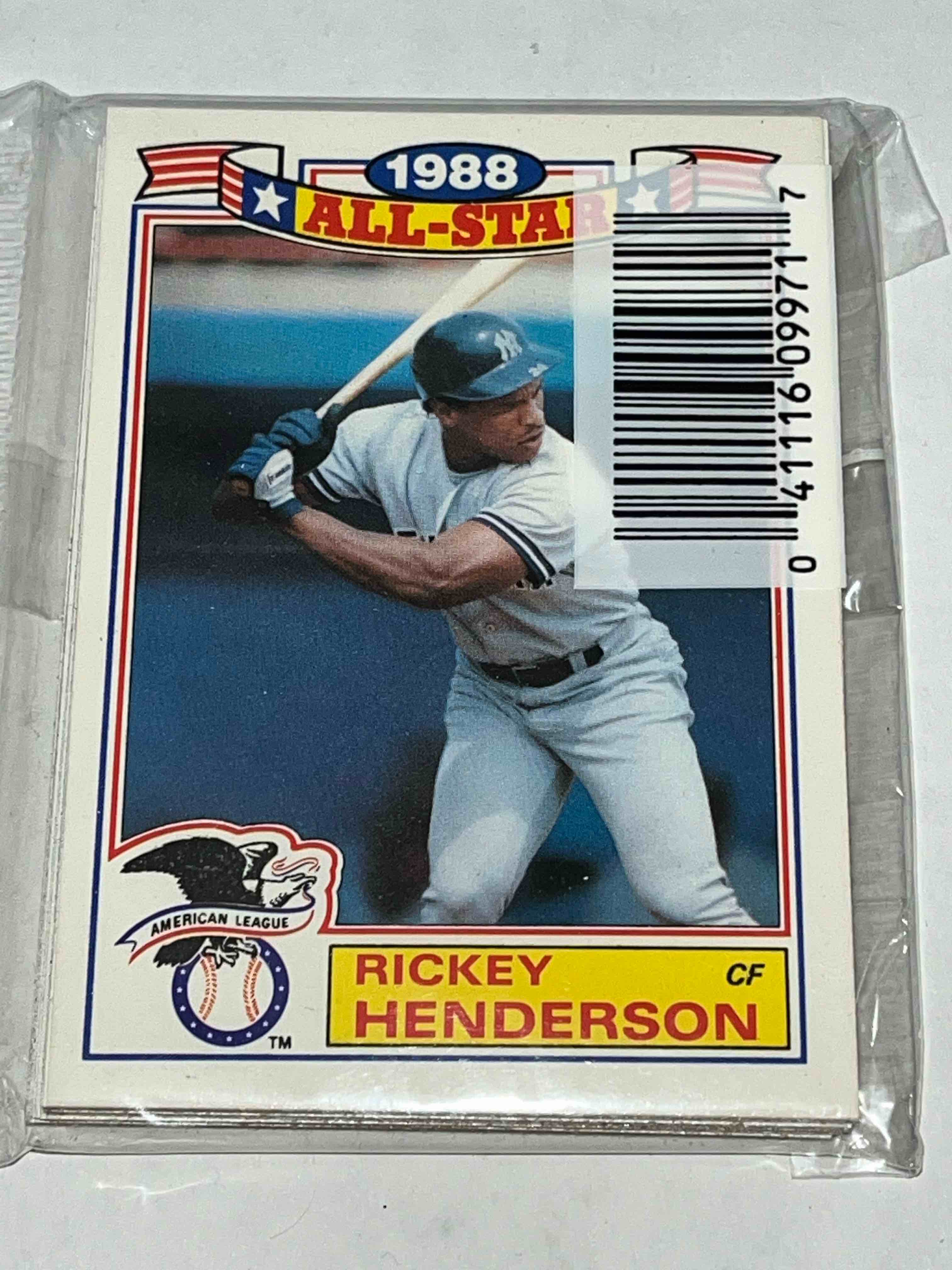 UNOPENED 1989 TOPPS BASEBALL RACK PACK - MARK MCGWIRE AND RICKEY HENDERSON ALL STAR SHOWING