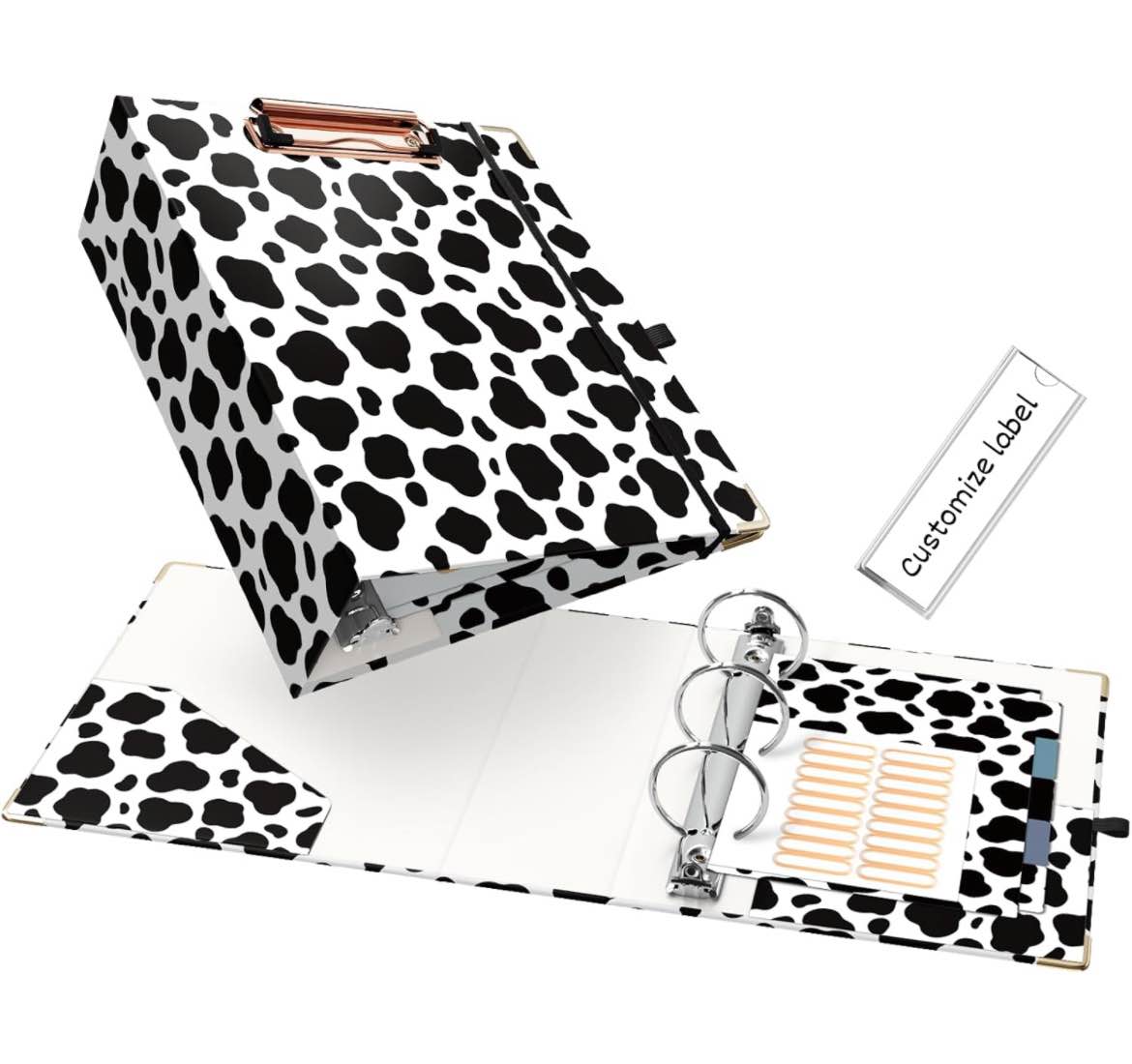 2 Inch Mini 3 Ring Binder for 5.5" x 8.5" Paper with 5-Tab Dividers EYROZILL Cute Mini Binder for School/Office Supplies and Home, Cow Print