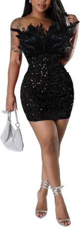 LROSEY Women's Feather Sequin Dress Plus Size Y2K Sparkly Mini Dresses for Birthday Party Club Cocktail Homecoming Christmas