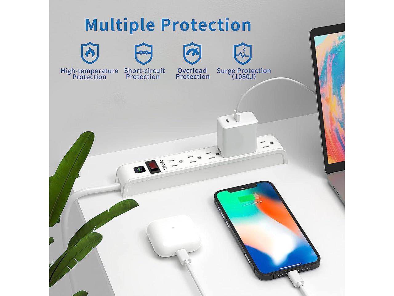 TiFFCOFiO Power Strip Surge Protector, 4 Feet Extension Cord, White Power Strip, 1080 Joules Surge Protection, Multiple Protection Outlet Strip,ETL Listed