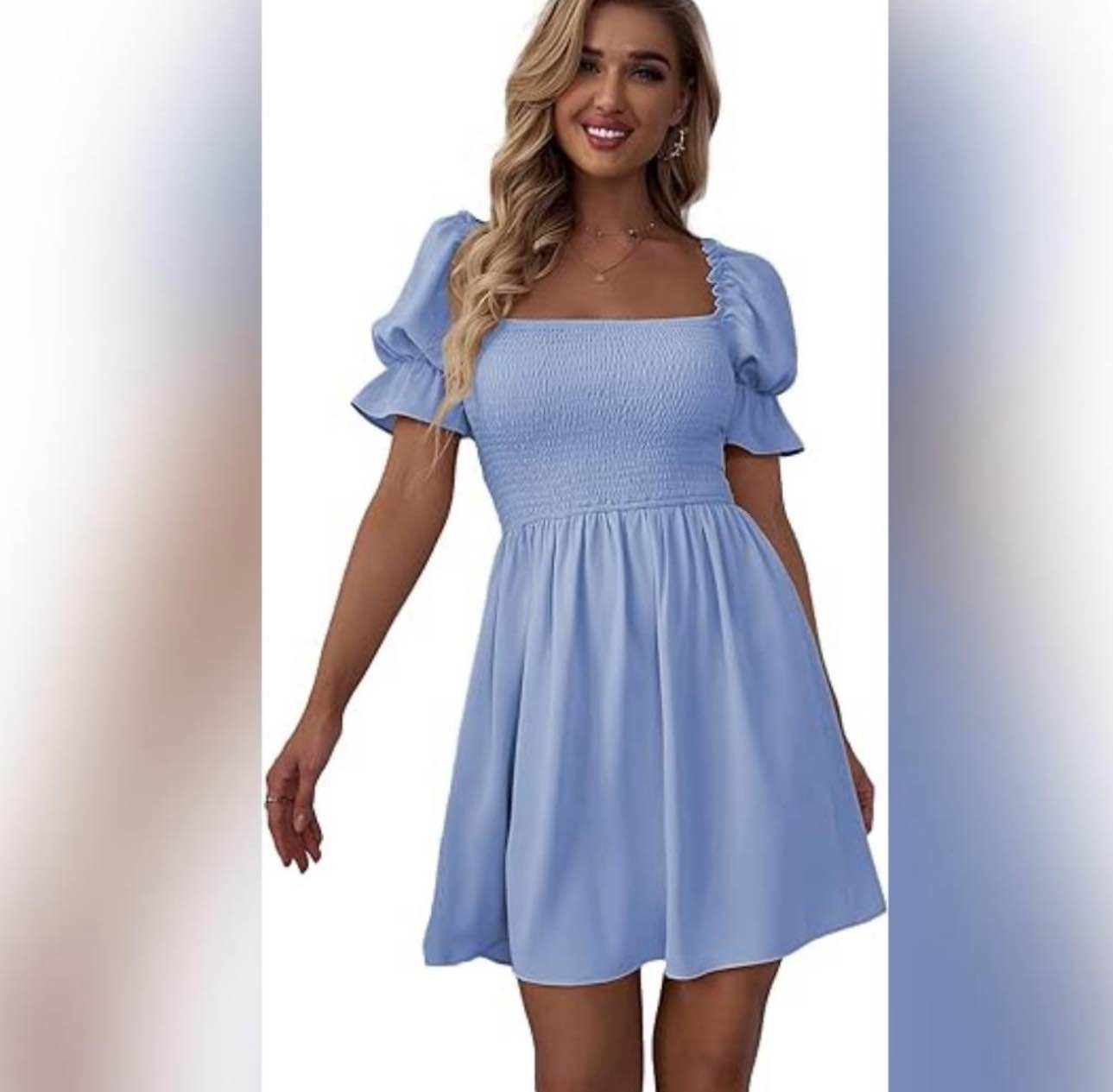 Square Neck Flounce Short Sleeve Shirred Ruffle Hem Dress, Small