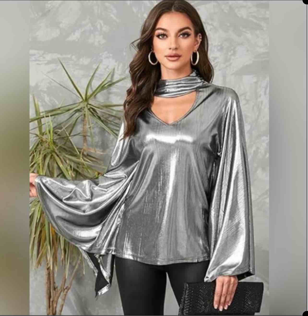 NWT YOINS Sparkle Metallic Top V Neck Lantern Sleeves Shirt, XL - 14