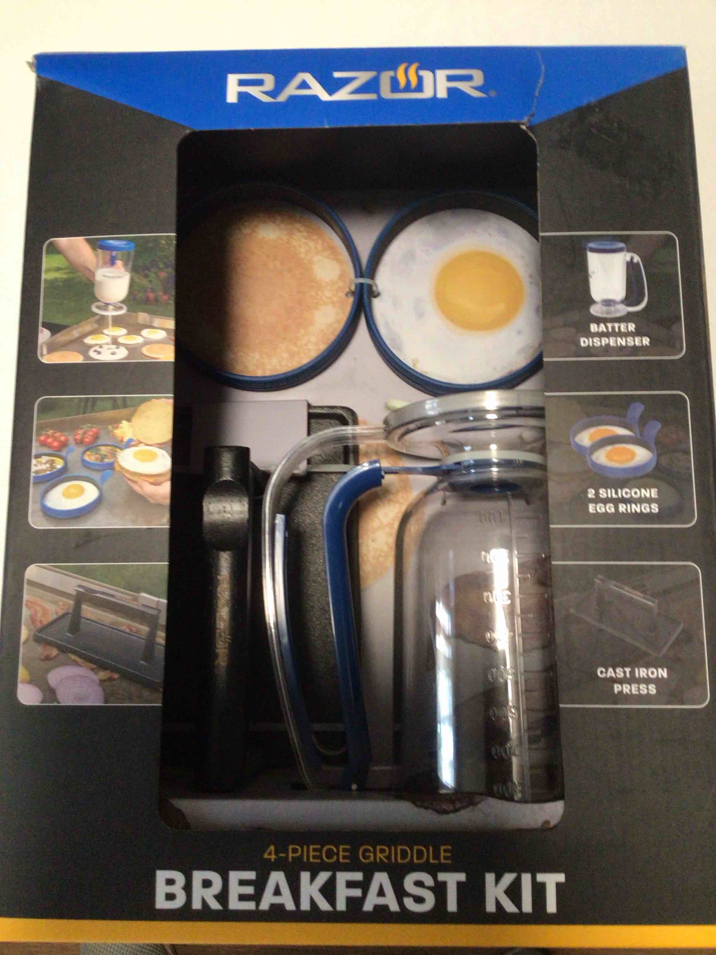 RAZOR 4 piece Breakfast kit for griddle-pancake batter dispenser, 2 silicone egg rings and cast iron griddle press 