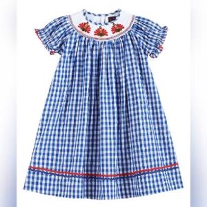 3-6 Mos, Lil Cactus Dark Blue Gingham Turkey Smocked Bishop Dress