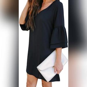 Large, BELONGSCI Sweet & Cute V-Neck Bell Sleeve Shift Dress