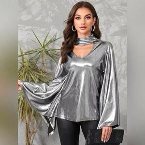 YOINS Sparkle Metallic Top V Neck Lantern Sleeves Shirt, S