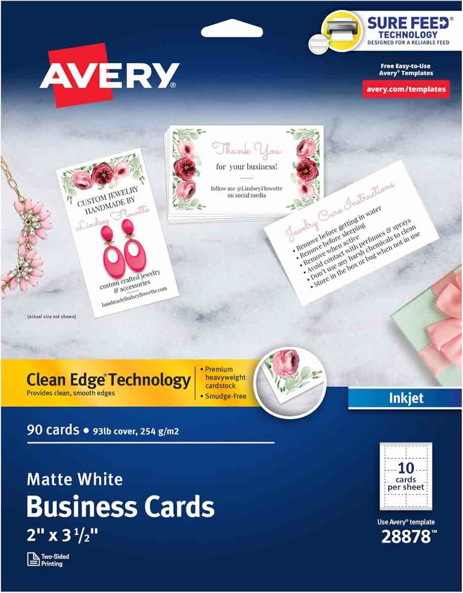 avery clean edge printable business cards with sure feed technology, 2" x 3.5", white, 90 blank cards for inkjet printers (28878)