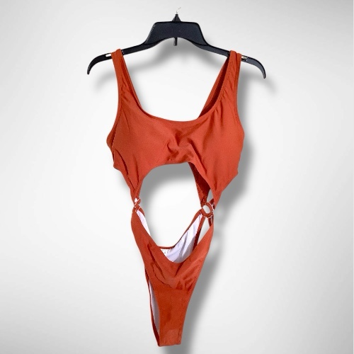Condition photo showing New/Like New for Large. One Piece Cutout swimsuit, Rust Orange