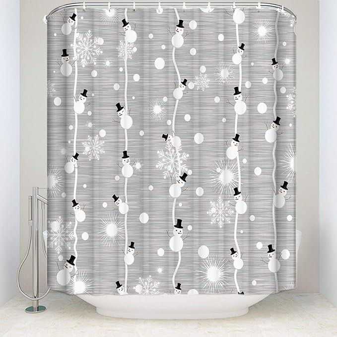 Libaoge White Shower Curtain Sets Winter Snowman and Shiny Snowflake Grey Soap Free Waterproof Fabric Polyester Shower Curtain - Come with Hooks 66" W x 72" H