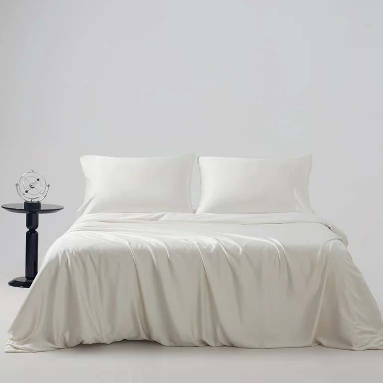 Thallo Duvet Cover Queen 100% Organic Bamboo-Rayon Soft Silky Ivory White 3PCS 500TC Luxury Cover 90" x 90", Cooling Bamboo-Rayon Duvet Covers with Zipper Closure and Corner Ties