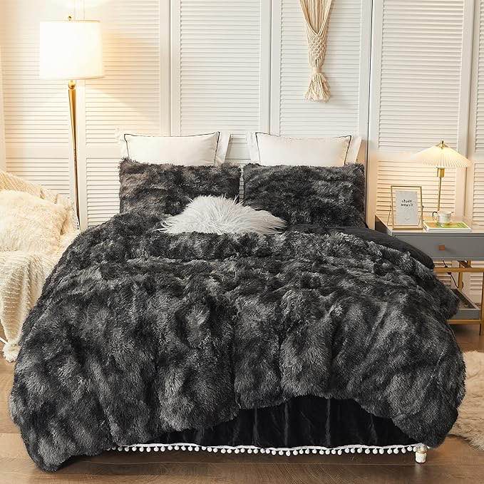 LIFEREVO Luxury Fluffy Faux Fur Duvet Cover Set, Soft Tie Dye Plush Fuzzy Duvet Cover Set(1 Print Shaggy Comforter Cover+1 Furry Pillow Sham) Bedding Set, Zipper Closure(Twin/Twin XL, Tie Dye Black)