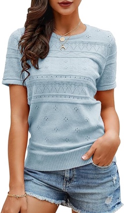 (Large) Saodimallsu Womens Cute Short Puff Sleeve Sweaters Loose Crew Neck Lightweight Pointelle Knit Pullover Shirts Tops