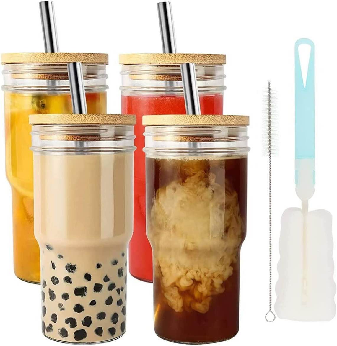 4-Pack Glass Tumbler Cups with Bamboo Lids and Straws