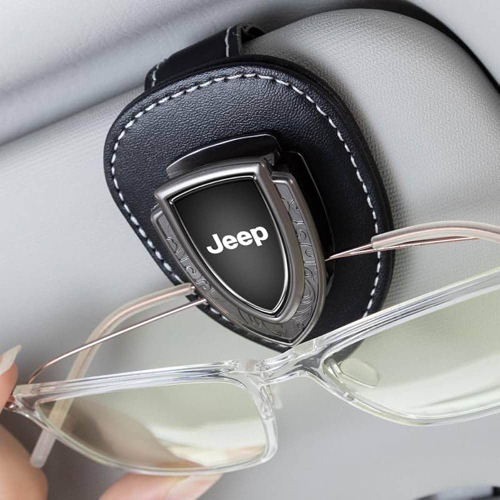 DPYJJ Jeep Sunglasses Holder, Leather Glasses Holders for Jeep Grand Cherokee Wrangler Compass Renegade Patriot Grand Comander, Eyeglasses Hanger Mount for Car Sun Visor, Interior Accessories (Black)