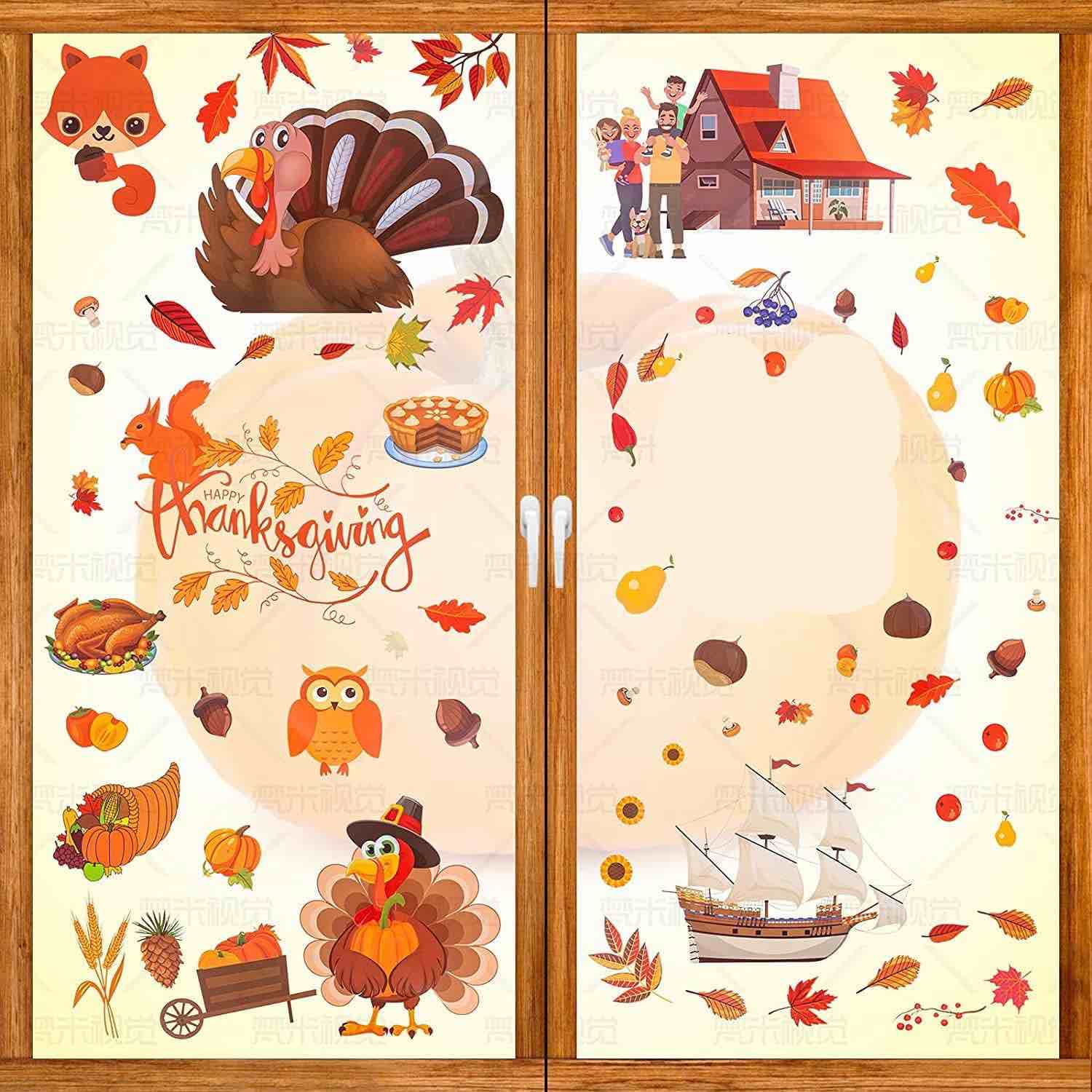 Beslop Thanksgiving Window Clings Fall Window Stickers Decals Featuring Turkey Fall Maple Leaves Pumpkin Acorn Cornucopia Indian Corn for Autumn Harvest Festival Seasonal Decorations,2021