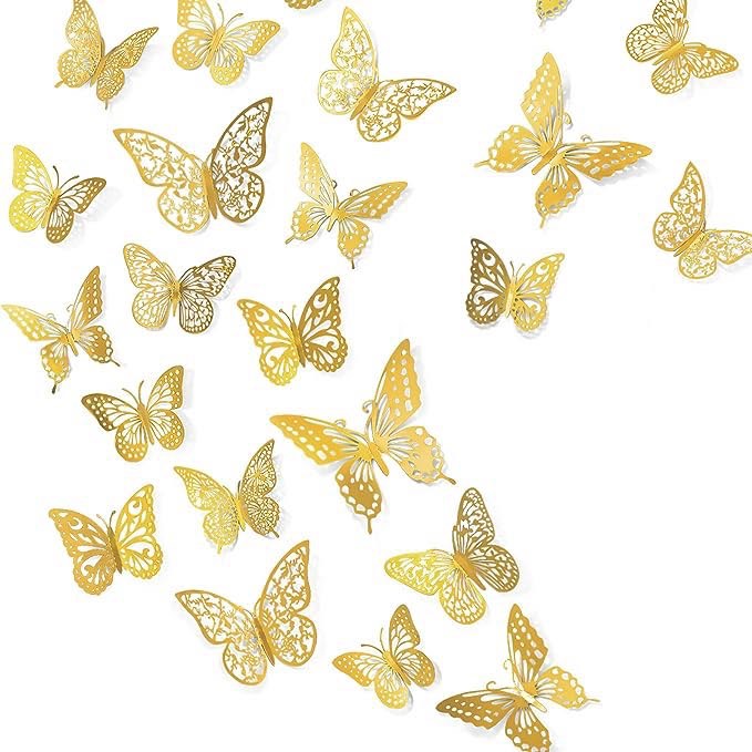 48 PCS Butterfly Wall Stickers Hollow Carved Butterflies Decals Waterproof Mural Sticker Living Room Bedroom Home Decoration (Gold)