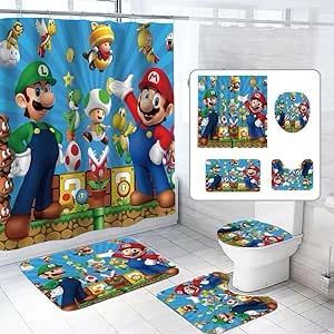 TADERGYUE Mario Shower Curtain Sets 4 Pieces Super Mario Bathroom Decor Sets with Rugs Include Waterproof Non-Slip Toilet Lid Cover Bath Mat 72x72In.