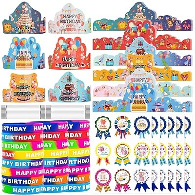 ARTLYMERS 120pcs Happy Birthday Kits for Classroom Kids, Teacher Supplies for Classroom Include Birthday Hats, Birthday Stickers, Silicone Wristbands, School Classroom Kindergarten VBS Party Supplies