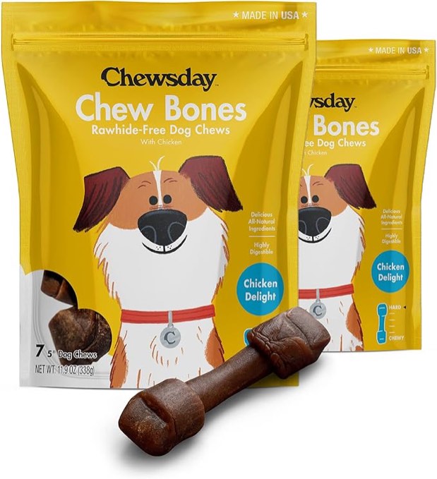 Chewsday 5-Inch Long-Lasting Dog Chew Bones, Made in The USA, All Natural Rawhide-Free Highly-Digestible Treats, Bacony Sizzle - 7 Count