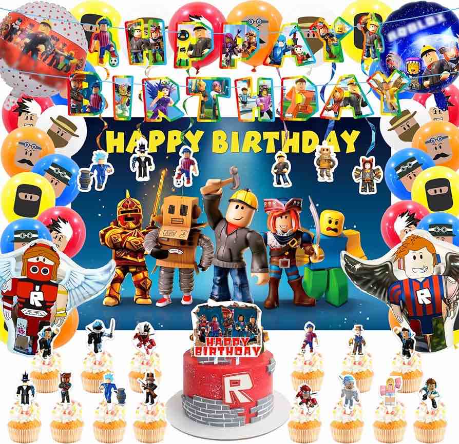 Roo-blox Birthday Party Tableware Set Robot Party Decorations Includes Plates, Banner, Napkins, Tablecloth for Kids Birthday Baby Shower
