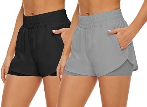 HKJIEVSHOP 2 Pack Athletic Shorts for Women, Quick Dry Running Shorts with Pockets High Waisted Workout Gym Sports Shorts