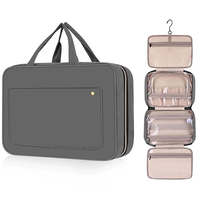 BAGAIL Hanging Toiletry Bag Large Cosmetic Travel Organizer Waterproof Makeup Container Full Sized for women-Grey