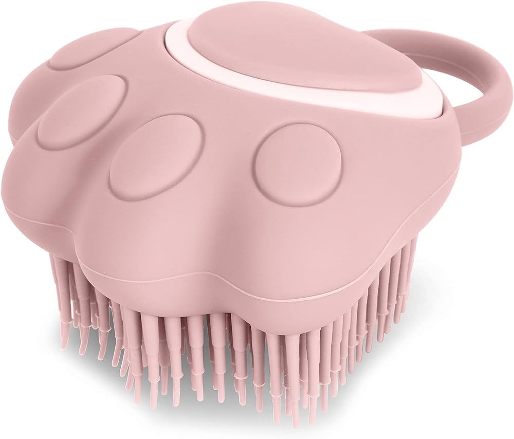 Molain Dog Cat Bath Brush Comb Silicone Rubber Dog Grooming Brush Silicone Puppy Massage Brush Hair Fur Grooming Cleaning Brush Soft Shampoo Dispenser(pink paw shape)