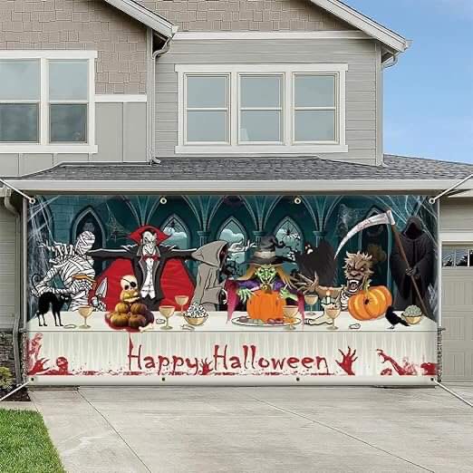 Halloween Decorations Garage Door Banner Cover with Eight Easy Hanging Grommets for Outdoor Decoration, 6x13ft(W)
