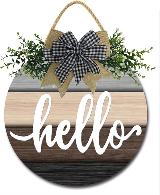 Hello Wreaths Decor Sign Front Door, Round Wood Hanging Sign with Ribbon Bow and Artificial Green Leaves, Farmhouse Porch Decorations for Home Thanksgiving