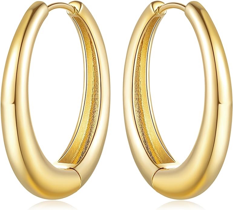 JG 14k Gold Chunky Gold Hoop Earrings Hypoallergenic Lightweight 14k Gold Huggie Earrings(EA7656)