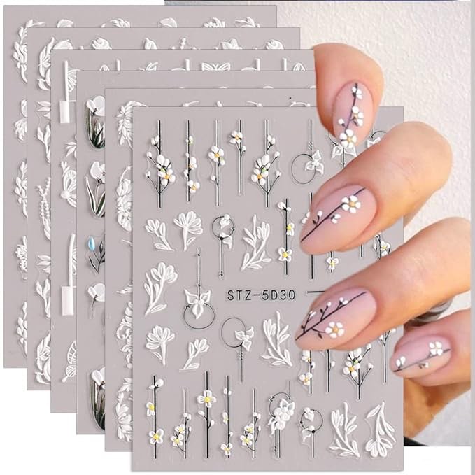 6 Sheets 5D Embossed Flower Nail Art Stickers Self-Adhesive Butterfly Spring Summer Nail Art Accessories French Tips Nail Designs Adhesive Nail Stickers Floral Nail Stickers for Nail Art